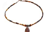 Brown Agate Barrel Bead Necklace, Sterling Silver Pendant