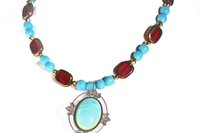 Turquoise and Ruby Color Beaded Necklace, Reversible Pendant