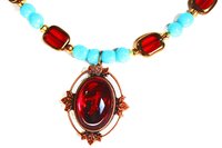Turquoise and Ruby Color Beaded Necklace, Reversible Pendant