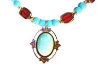 Turquoise and Ruby Color Beaded Necklace, Reversible Pendant