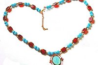 Turquoise and Ruby Color Beaded Necklace, Reversible Pendant
