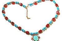 Turquoise and Ruby Color Beaded Necklace, Reversible Pendant