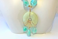 Green Jade Donut Pendant Necklace: Vintage Blue Glass Accents
