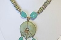 Green Jade Donut Pendant Necklace: Vintage Blue Glass Accents