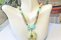 Green Jade Donut Pendant Necklace: Vintage Blue Glass Accents