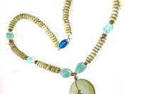 Green Jade Donut Pendant Necklace: Vintage Blue Glass Accents