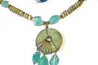 Green Jade Donut Pendant Necklace: Vintage Blue Glass Accents