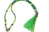 Chartreuse Green Beaded Tassel Necklace, Vintage Style Pendant
