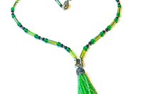 Chartreuse Green Beaded Tassel Necklace, Vintage Style Pendant