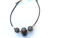 Boho CZ Skull Necklace Bracelet Set, Black Leather Cord