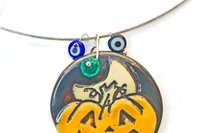 Spooky Halloween Pendant Necklace: Ceramic Jack O'Lantern, Skull, Skeleton Choice - Stainless Steel