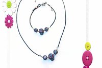 Boho CZ Skull Necklace Bracelet Set, Black Leather Cord