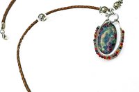 Oval Jasper Pendant Necklace, Leather Cord, Wire Wrapped, Pewter Beads