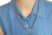 Oval Jasper Pendant Necklace, Leather Cord, Wire Wrapped, Pewter Beads