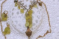 Green Jade Bead Necklace and Earrings Set, Brass Wire Wrapped Jewelry