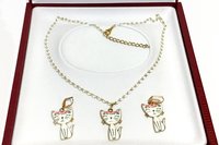 White Enamel Kitty Cat Jewelry Set: Adjustable Chain & Lever Back Earrings