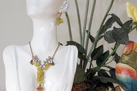 Green Jade Bead Necklace and Earrings Set, Brass Wire Wrapped Jewelry