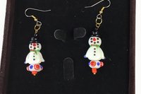 White Glass Snowman Artist handmade lamp works  light weight French Wire Dangle Earrings