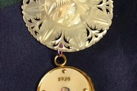 Vintage Mother of Pearl Watch Face Lotus Flower Brooch Pin, Brass Carved Flower, 1928