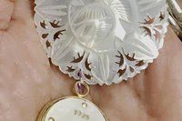 Vintage Mother of Pearl Watch Face Lotus Flower Brooch Pin, Brass Carved Flower, 1928