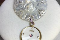 Vintage Mother of Pearl Watch Face Lotus Flower Brooch Pin, Brass Carved Flower, 1928