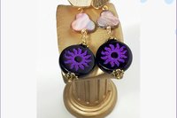 Purple Czech Flower Earrings with Mother of Pearl, Brass Accents – Lightweight Post Jewelry