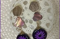 Purple Czech Flower Earrings with Mother of Pearl, Brass Accents – Lightweight Post Jewelry