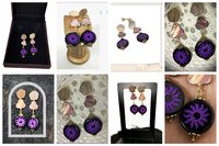 Purple Czech Flower Earrings with Mother of Pearl, Brass Accents – Lightweight Post Jewelry