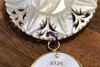 Vintage Mother of Pearl Watch Face Lotus Flower Brooch Pin, Brass Carved Flower, 1928