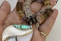 Large Multicolor Mother of Pearl Teardrop Pendant, matching color rondelle quartz beads and bracelet - jewelry set