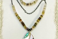 Large Multicolor Mother of Pearl Teardrop Pendant, matching color rondelle quartz beads and bracelet - jewelry set