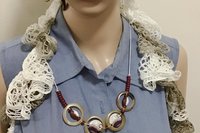 Vintage Light Brown Bakelite Rings, Wine Red/ White Ceramic and Small Glass Beads make up this Boho Necklace on silver leather