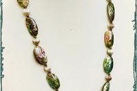 Statement Necklace,  Abalone Oval Shell & Round Pewter Beads,  Matching Painted Leaf Pendant, Toggle clasp