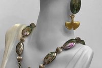 Statement Necklace,  Abalone Oval Shell & Round Pewter Beads,  Matching Painted Leaf Pendant, Toggle clasp