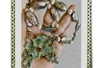Statement Necklace,  Abalone Oval Shell & Round Pewter Beads,  Matching Painted Leaf Pendant, Toggle clasp