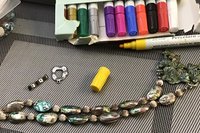 Statement Necklace,  Abalone Oval Shell & Round Pewter Beads,  Matching Painted Leaf Pendant, Toggle clasp