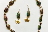 Statement Necklace,  Abalone Oval Shell & Round Pewter Beads,  Matching Painted Leaf Pendant, Toggle clasp