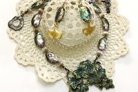 Statement Necklace,  Abalone Oval Shell & Round Pewter Beads,  Matching Painted Leaf Pendant, Toggle clasp