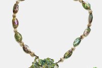 Statement Necklace,  Abalone Oval Shell & Round Pewter Beads,  Matching Painted Leaf Pendant, Toggle clasp