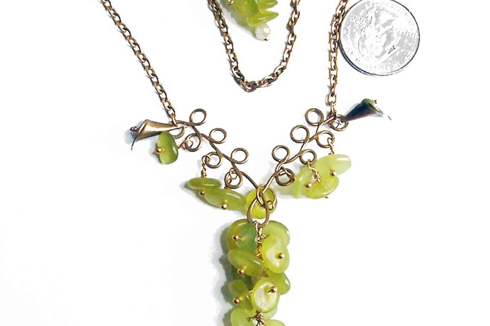 Green Jade Bead Necklace and Earrings Set, Brass Wire Wrapped Jewelry