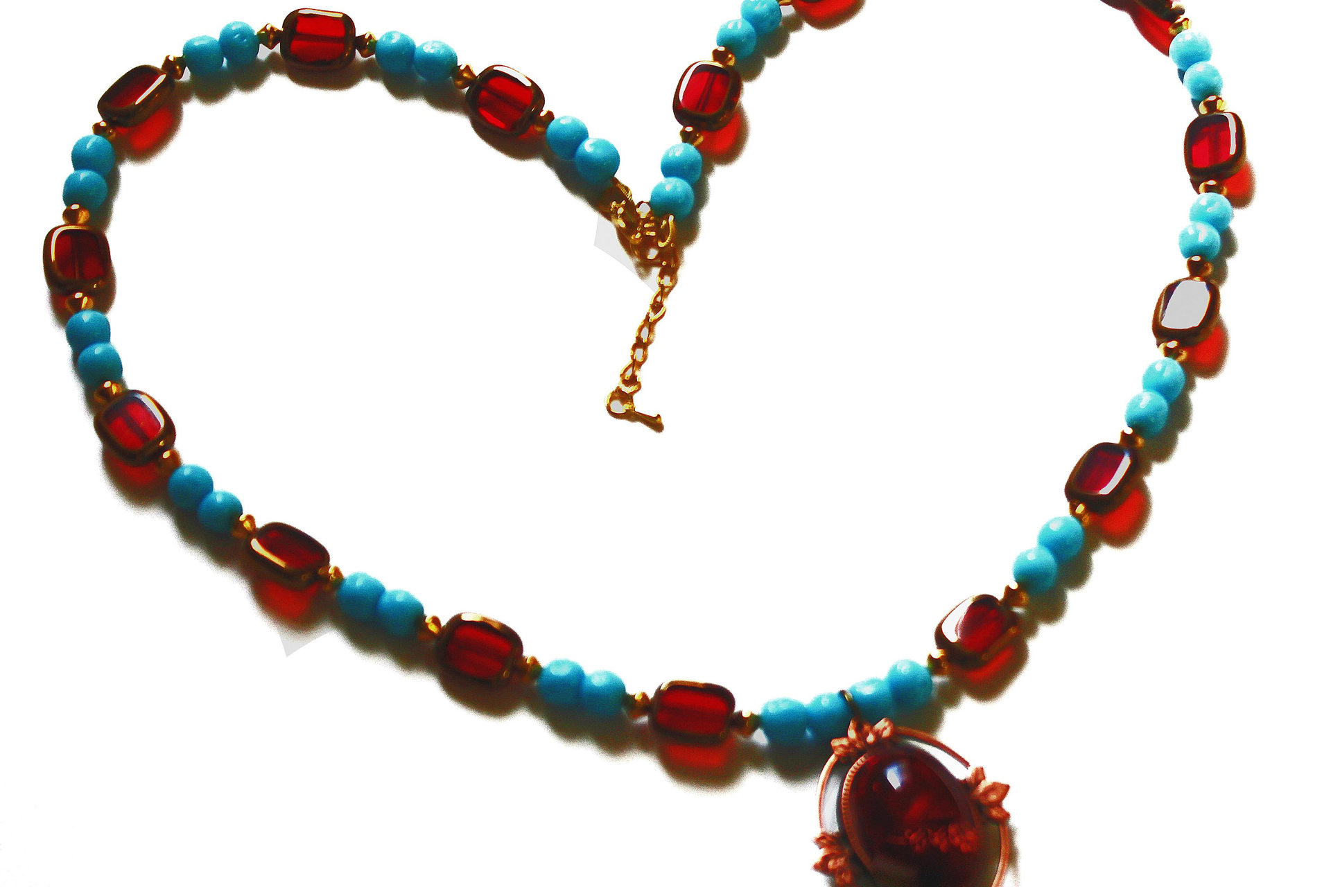 Turquoise and Ruby Color Beaded Necklace, Reversible Pendant