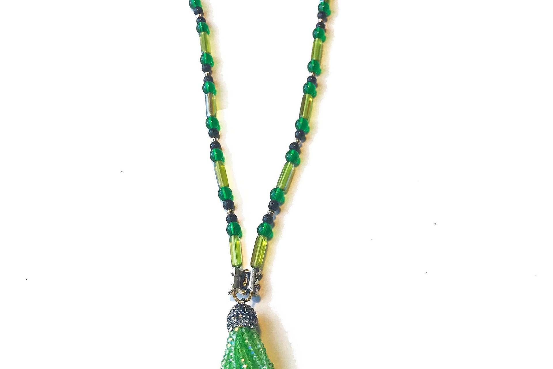 Chartreuse Green Beaded Tassel Necklace, Vintage Style Pendant