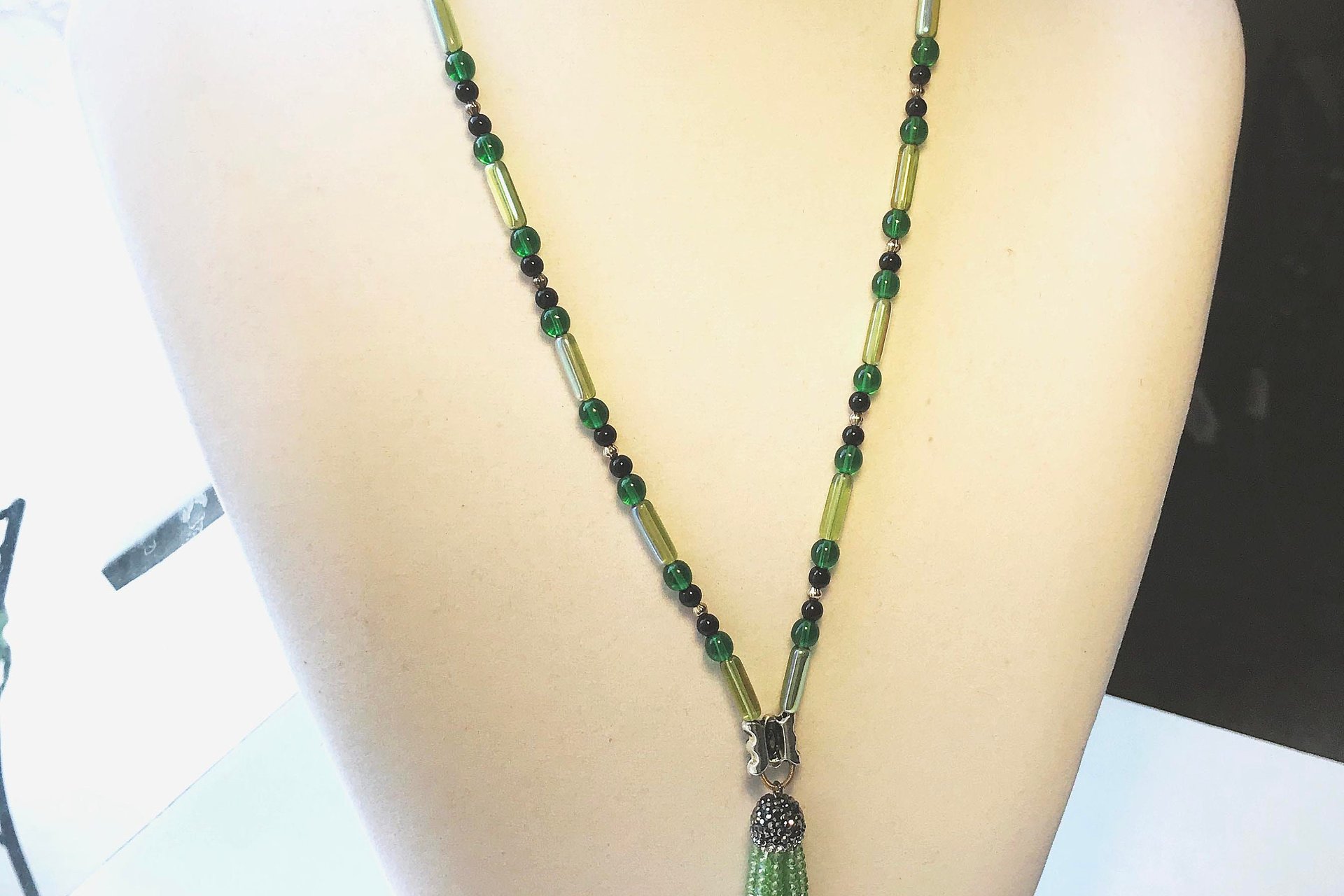 Chartreuse Green Beaded Tassel Necklace, Vintage Style Pendant