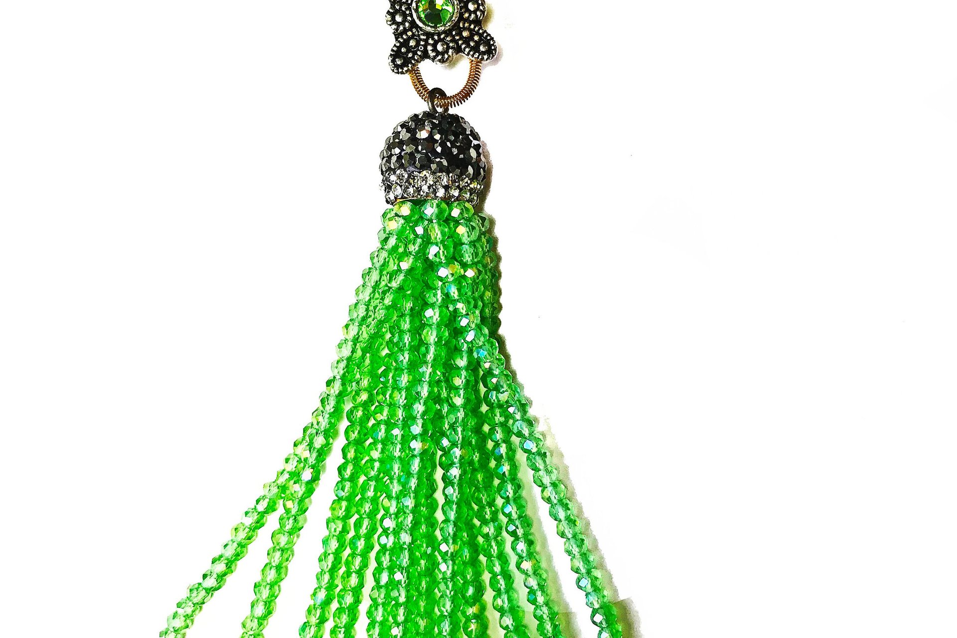 Chartreuse Green Beaded Tassel Necklace, Vintage Style Pendant