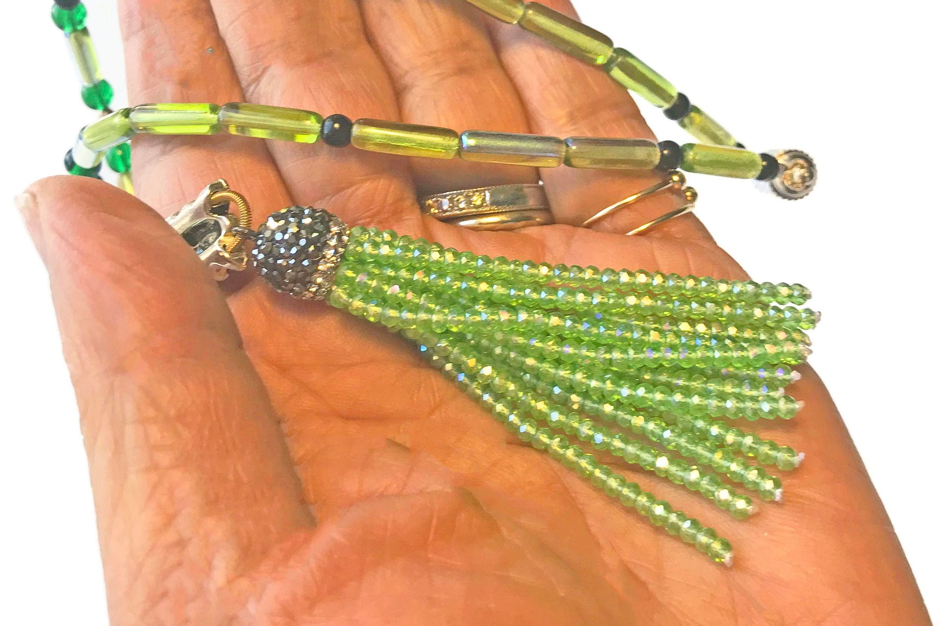 Chartreuse Green Beaded Tassel Necklace, Vintage Style Pendant