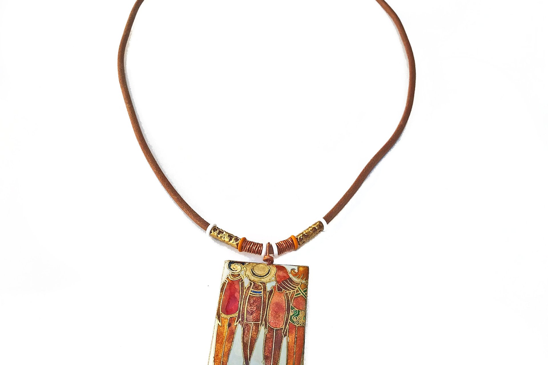 Vintage Cloisonne Pendant Necklace: Enamel Artwork on Leather Cord