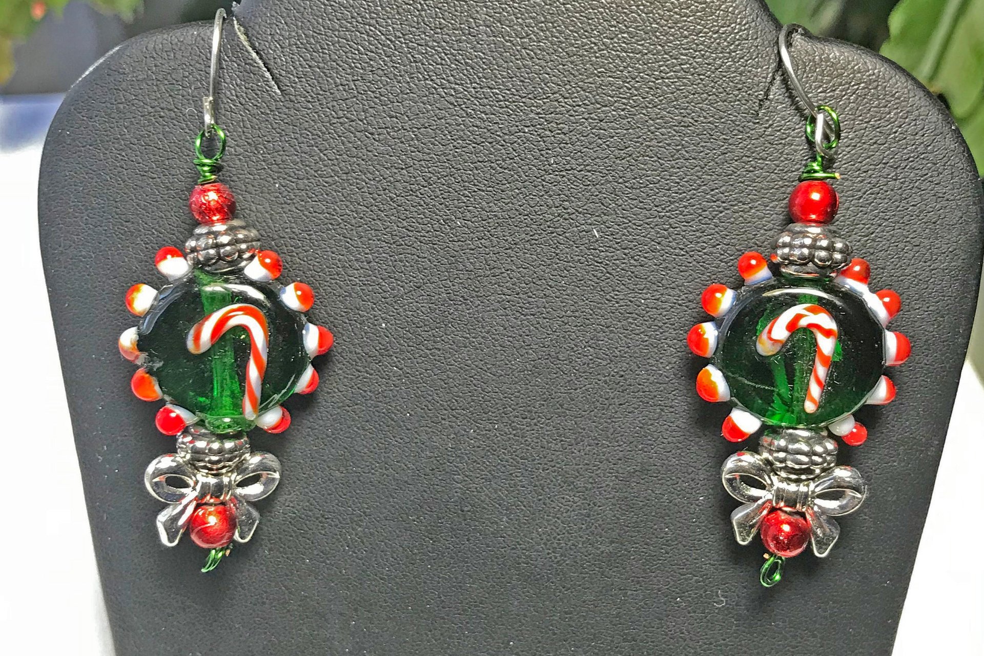 Handmade Glass Candy Cane Lightweight  Dangle Earrings, Red and Green Holiday Present