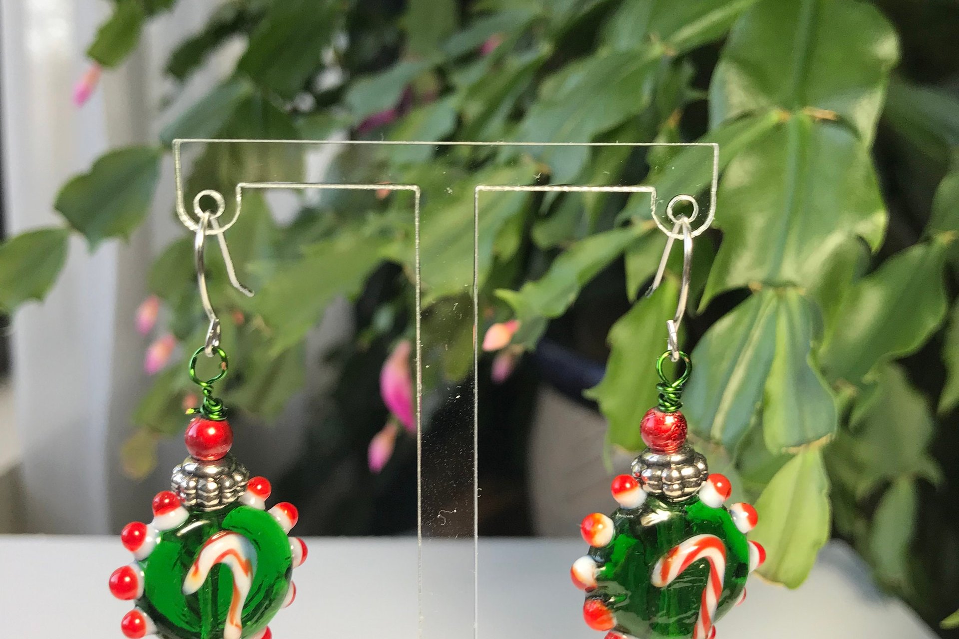Handmade Glass Candy Cane Lightweight  Dangle Earrings, Red and Green Holiday Present