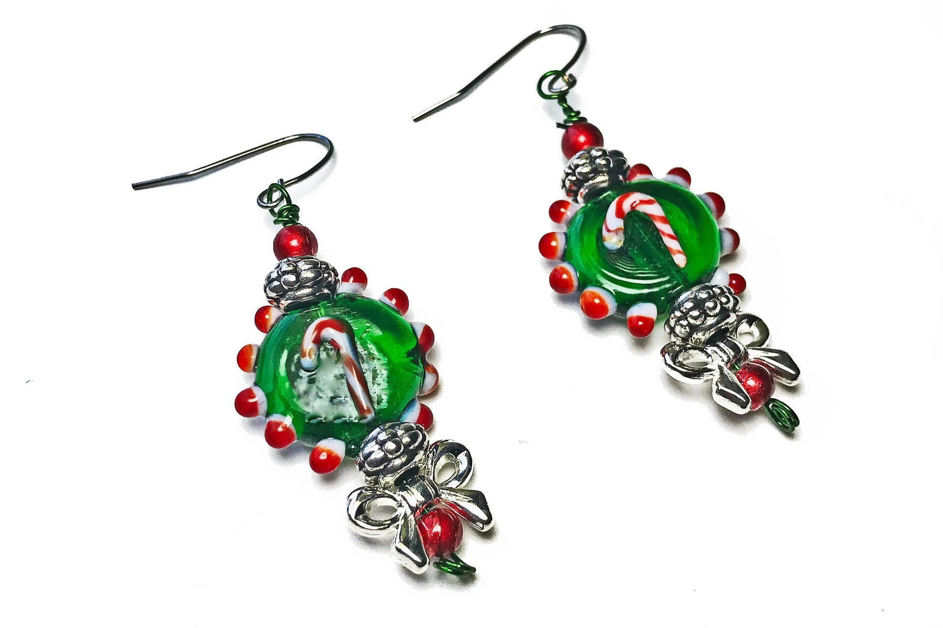 Handmade Glass Candy Cane Lightweight  Dangle Earrings, Red and Green Holiday Present