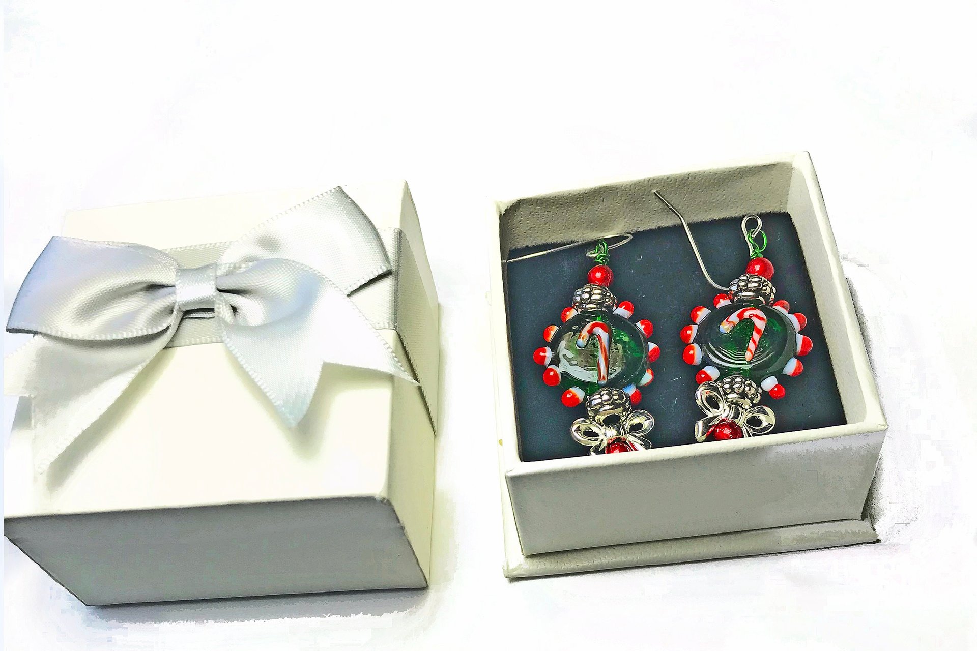 Handmade Glass Candy Cane Lightweight  Dangle Earrings, Red and Green Holiday Present